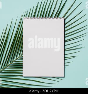 Blank paper notebook and tropical leaf Stock Photo