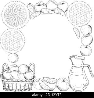 Square template with apples, apple slices. Hand drawn food illustration. Stock Vector