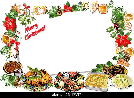 Christmas invitation or greeting card design. Vector fir branches, bows, candy cane and holly wreath. For announcements, posters, advertisement. Stock Vector