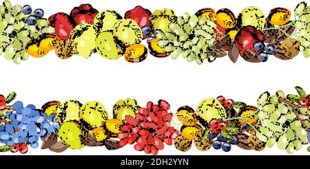 Seamless fruit pattern with apricots, apples, grapes and nuts. Stock Vector