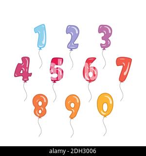 Collection of colorful rubber balloons numbers. Set of balloons with rope vector birthday illustration Stock Vector