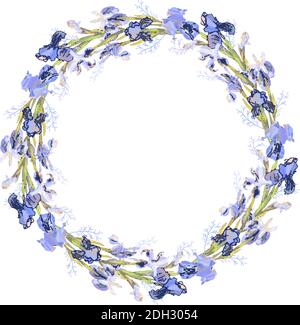Romantic wreath with irises. Vector hand drawn illustration for design gift boxes, announcements, postcards, posters, invitations, visit card. Stock Vector