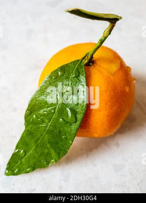 Isolated image of a fresh satsuma or tangerine with green leaf. Stock Photo