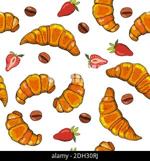 Hand drawn seamless pattern of croissants, berry and chocolate. Stock Vector