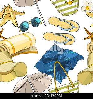 Summer beach seamless pattern. Vector hand drawn illustration Stock Vector