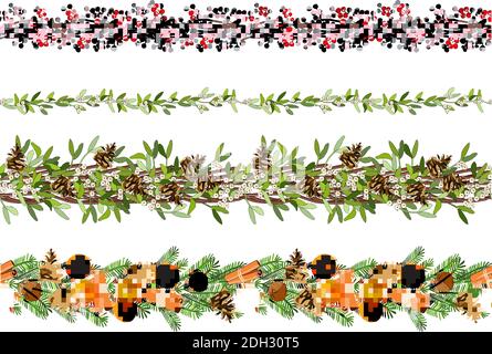 Vector christmas seamless border with mistletoe, spruce cone, spruce branches, poinsettia, Holly, caramel cane isolated on white. Stock Vector