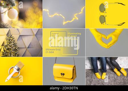 Collage demonstrating trendy colors 2021 - Gray and Yellow. New year coming concept. Stock Photo
