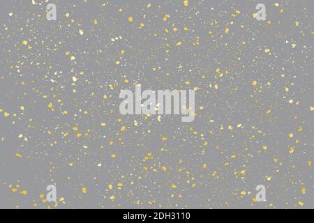 Illuminating Golden particles on holiday Ultimate Gray background. Yellow splats, color of the year 2021. Stock Photo