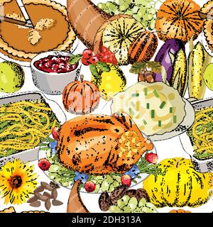 Autumn seamless pattern of elements with thanksgiving symbols, cornucopia, Turkey, fruits, pumpkins, flowers, corn, green beans, carrots, leaves. Stock Vector