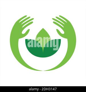 abstract hand leaf save nature icon logo vector flat concept design Stock Vector