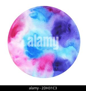 Watercolor space circle. Blue, pink and purple round bubble. Hand-drawn illustration. Stock Photo