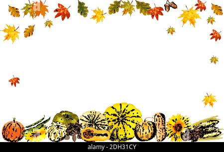 Autumn frame isolated on white background. Pumpkins, leaves. Stock Vector