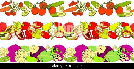 Vector seamless pattern with different fresh vegetables isolate on white. Hand drawn endless texture for your design, announcements, postcards, poster Stock Vector