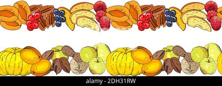 Seamless fruit background with apricots, apples and nuts. Stock Vector