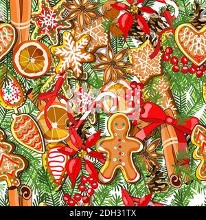 Endless texture with traditional Christmas symbols. Seamless vector pattern for your festive design, fabrics Stock Vector
