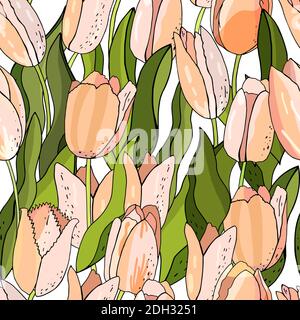Beautiful Wild blooming tulip seamless pattern in a hand drawing style Stock Vector