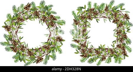 Vector christmas seamless border with mistletoe, spruce cone, spruce branches isolated on white. Stock Vector