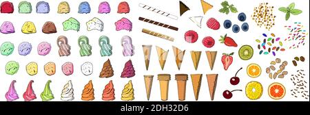 Set of ice cream elements. Vector hand-drawn illustration. Stock Vector