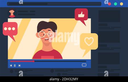 Video live streaming concept. The man talks on video online. Blogger creates content vector illustration Stock Vector