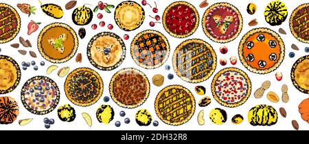 Seamless pattern of pies with different toppings. Vector illustration isolated on white background. Stock Vector