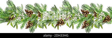 Vector seamles border wreath with mistletoe, fir cone, spruce branches isolated on white. For festive decoration, announcements, cards, invitations, p Stock Vector