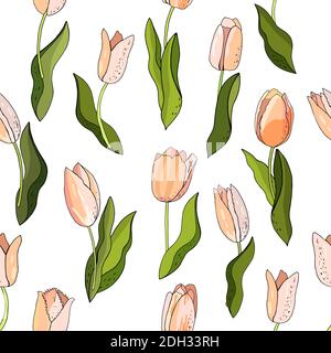 Beautiful Wild blooming tulip seamless pattern in a hand drawing style Stock Vector