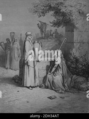 Old Testament. Genesis. Chapter 24. Rebekah gives Abraham's servant (Eliezer) water. Engraving by  Gustave Dore (1832-1883) Stock Photo
