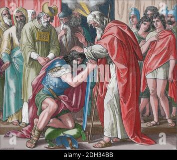 The appointment of Joshua. Numbers. Chapter 27. Engraving by Julius Schnorr von Carolsfeld (1794-1872). Stock Photo