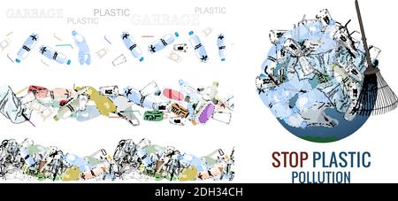 Vector hand drawn set of objects and seamless patterns with sorted plastic garbage isolated on white. Collection of trash with separate debris. Concep Stock Vector