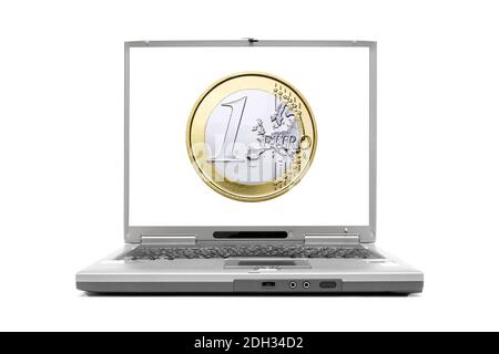 Laptop zeigt eine 1 Euro Münze auf dem Bildschirm Stock Photo