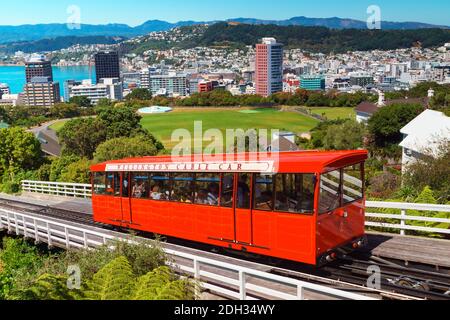 WELLINGTON, NEW ZEALAND - Feb 25, 2020: Wellington's iconic Cable Car viewed from the the Kelburn vantage point. The cable car (funicular railway) is Stock Photo