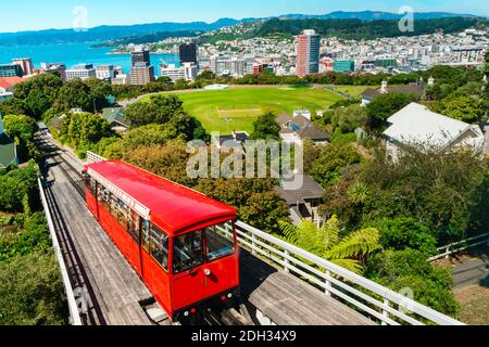 WELLINGTON, NEW ZEALAND - Feb 25, 2020: Wellington's iconic Cable Car viewed from the the Kelburn vantage point. The cable car (funicular railway) is Stock Photo