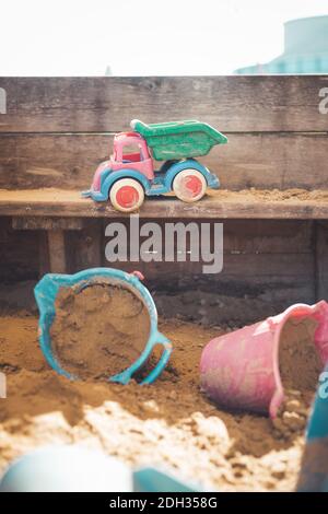Childhood sandbox concept: Close up of plastic toy bucket Stock Photo