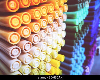 Creativity: Colored pencils in a stationary shop, close up Stock Photo