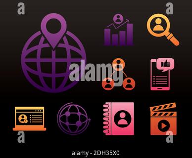 hand like in speech bubble and smartphone social media with set block style icons vector illustration design Stock Vector