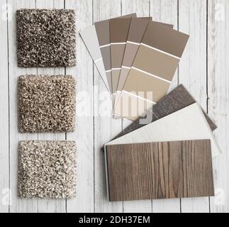 Choosing flooring and color palette samples for interior design in a modern home setting Stock Photo
