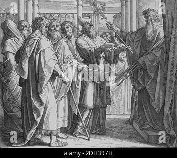 Aaron's priesthood is confirmed by the budding Rod. Numbers, Chapter 17. Engraving by Julius Schnorr von Carolsfeld (1794-1872). Stock Photo