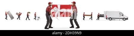 Movers carrying a big wrapped present and other workers putting items in a white van isolated on white background Stock Photo