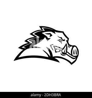 Red Wild Boar or Razorback Head Side View Mascot Black and White Stock Photo