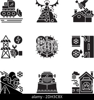 Winter city services black glyph icons set on white space Stock Vector
