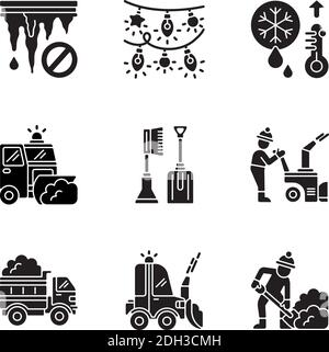 Winter city services black glyph icons set on white space Stock Vector