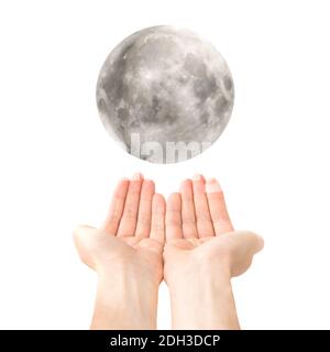 Two open hands hold full moon Stock Photo