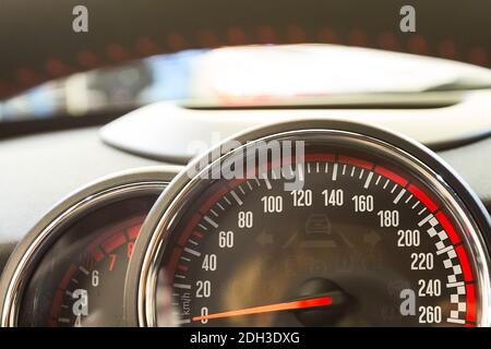 Close up shot of speedometer in a car. Stock Photo