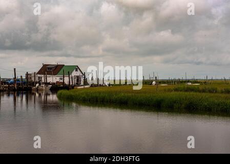 Edwin Forsythe National Refuge, NJ, USA -- June 28, 2016. A wide-angle photo taken of a crab shack in the NJ wetlands. Stock Photo