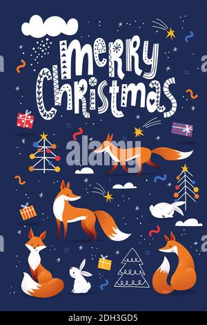 Merry Christmas poster in Scandic doodle style with cute animals. Stock Vector