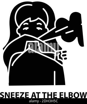 sneeze at the elbow icon, black vector sign with editable strokes, concept illustration Stock Vector