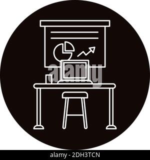 work place coworking with statistics and laptop line style icon vector illustration design Stock Vector