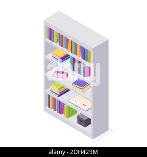 Books on shelf in isometric vector illustration. Stock Vector