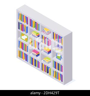 Books on shelf in isometric vector illustration. Stock Vector