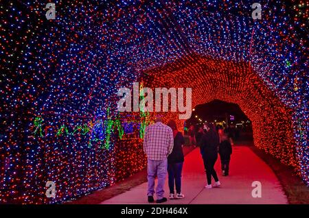 People walk through a LED Christmas lights tunnel during a holiday celebration in Jones Park, Dec. 5, 2020, in Gulfport, Mississippi. Stock Photo